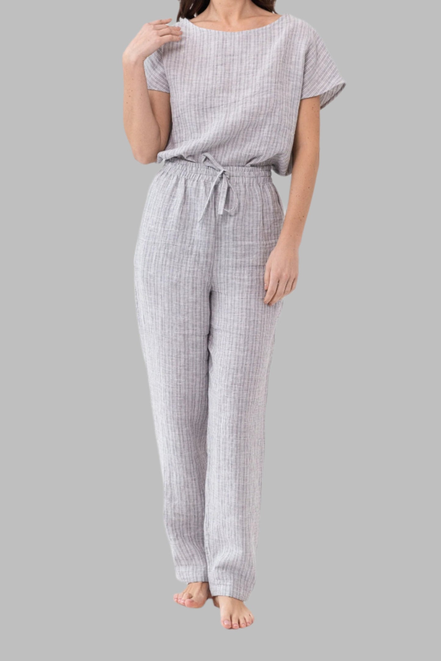 Cloudy Grey Stripe Linen Pajama Set Sustainable & Soft Loungewear