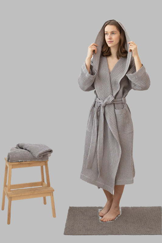 100% Linen Waffle Robe with Hoodie Sustainable & Soft