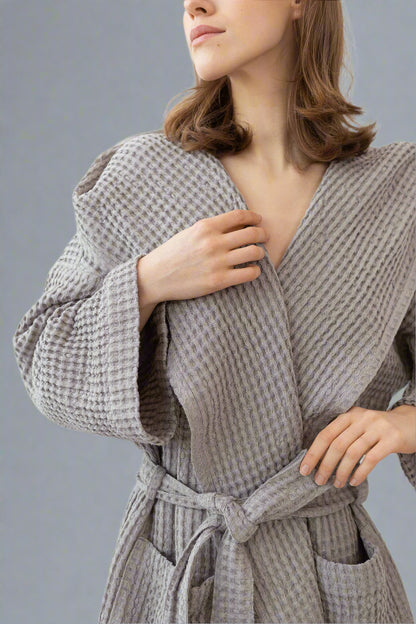 100% Linen Waffle Robe with Hoodie Sustainable & Soft