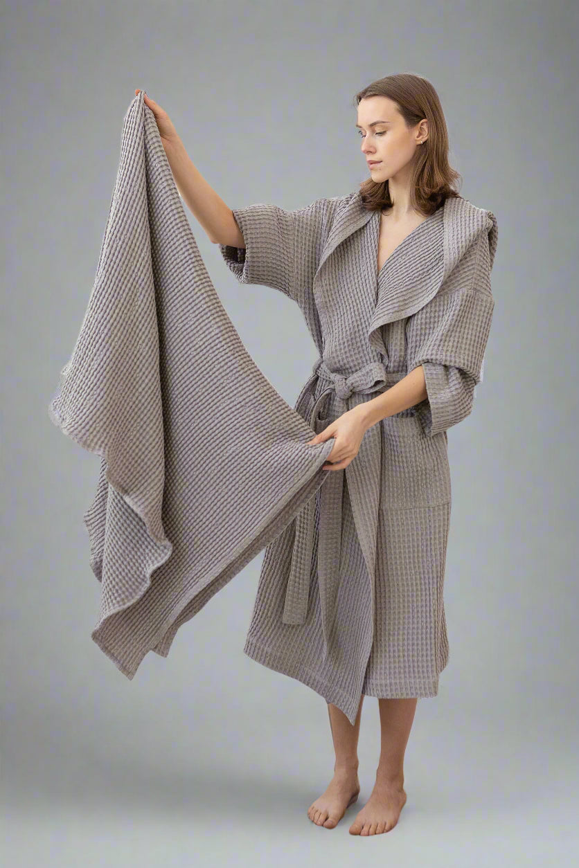 100% Linen Waffle Robe with Hoodie Sustainable & Soft