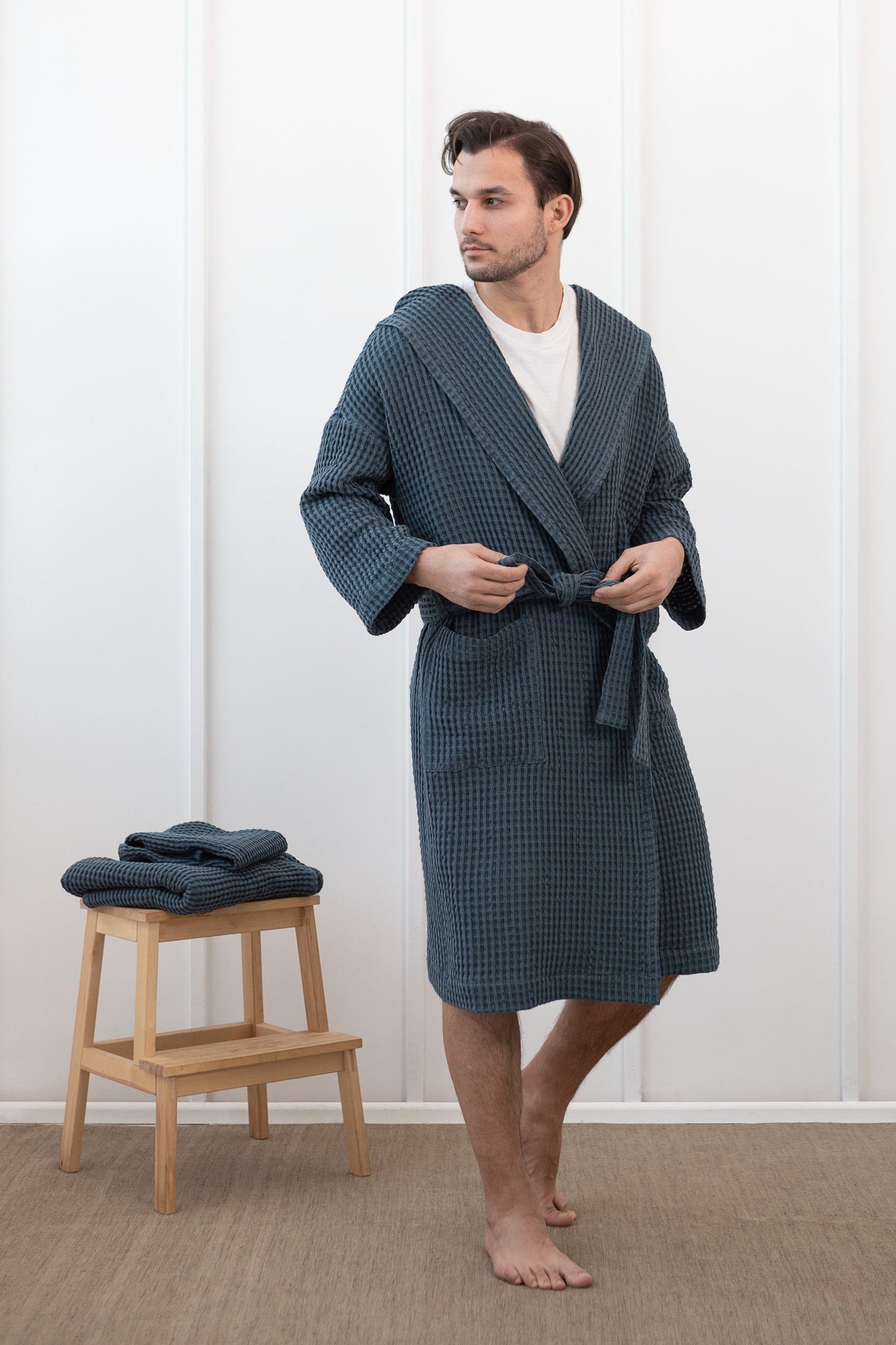 100% Linen Waffle Robe with Hoodie Sustainable & Soft