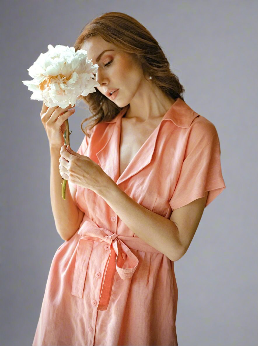 Dresses ARYA Safari Linen Midi Dress, in Salmon Pink eco friendly - sustainable products bougie green