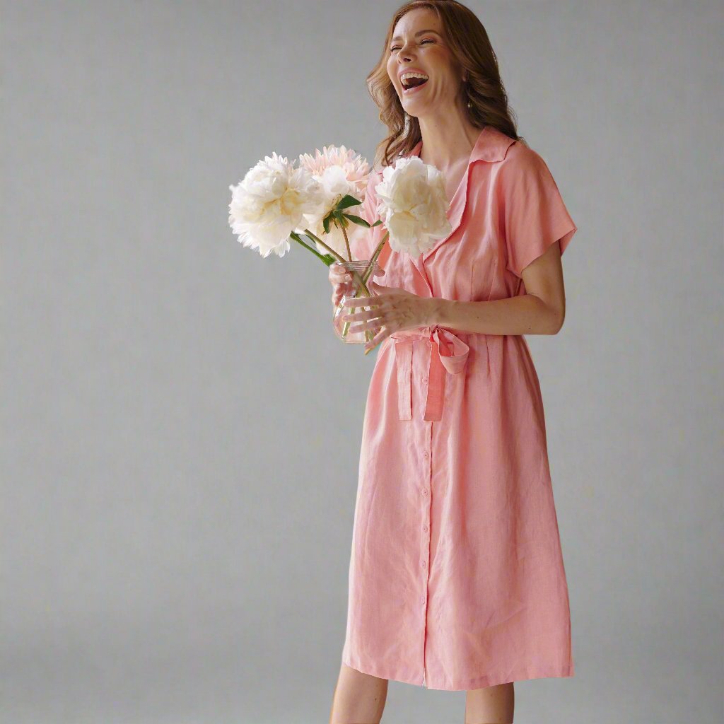 Dresses ARYA Safari Linen Midi Dress, in Salmon Pink eco friendly - sustainable products bougie green