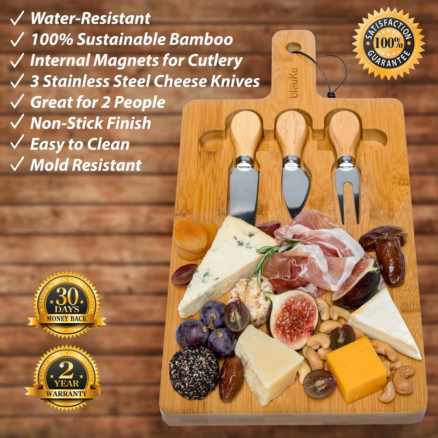 Kitchen Bamboo Cheese Board and Knife Set - 12x8 inch Charcuterie Board eco friendly - sustainable products bougie green