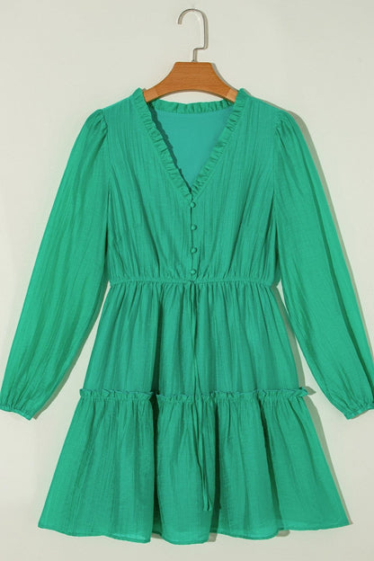 Dresses Frill V-Neck Long Sleeve Mini Dress eco friendly - sustainable products bougie green