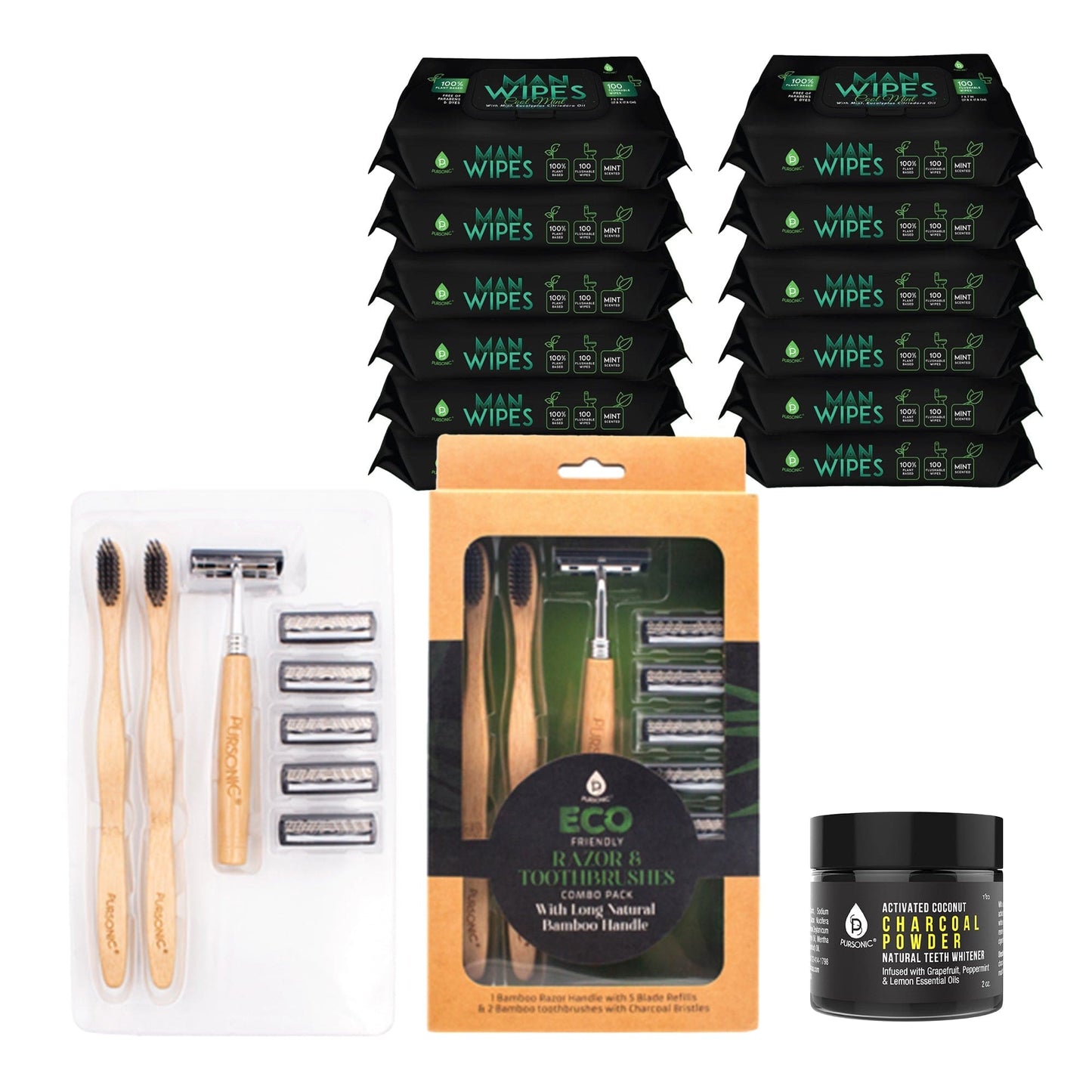 Heath & Beatuy Grooming Essentials Bundle: Eco-Friendly Razor + Flushable Man Wipes + eco friendly - sustainable products bougie green