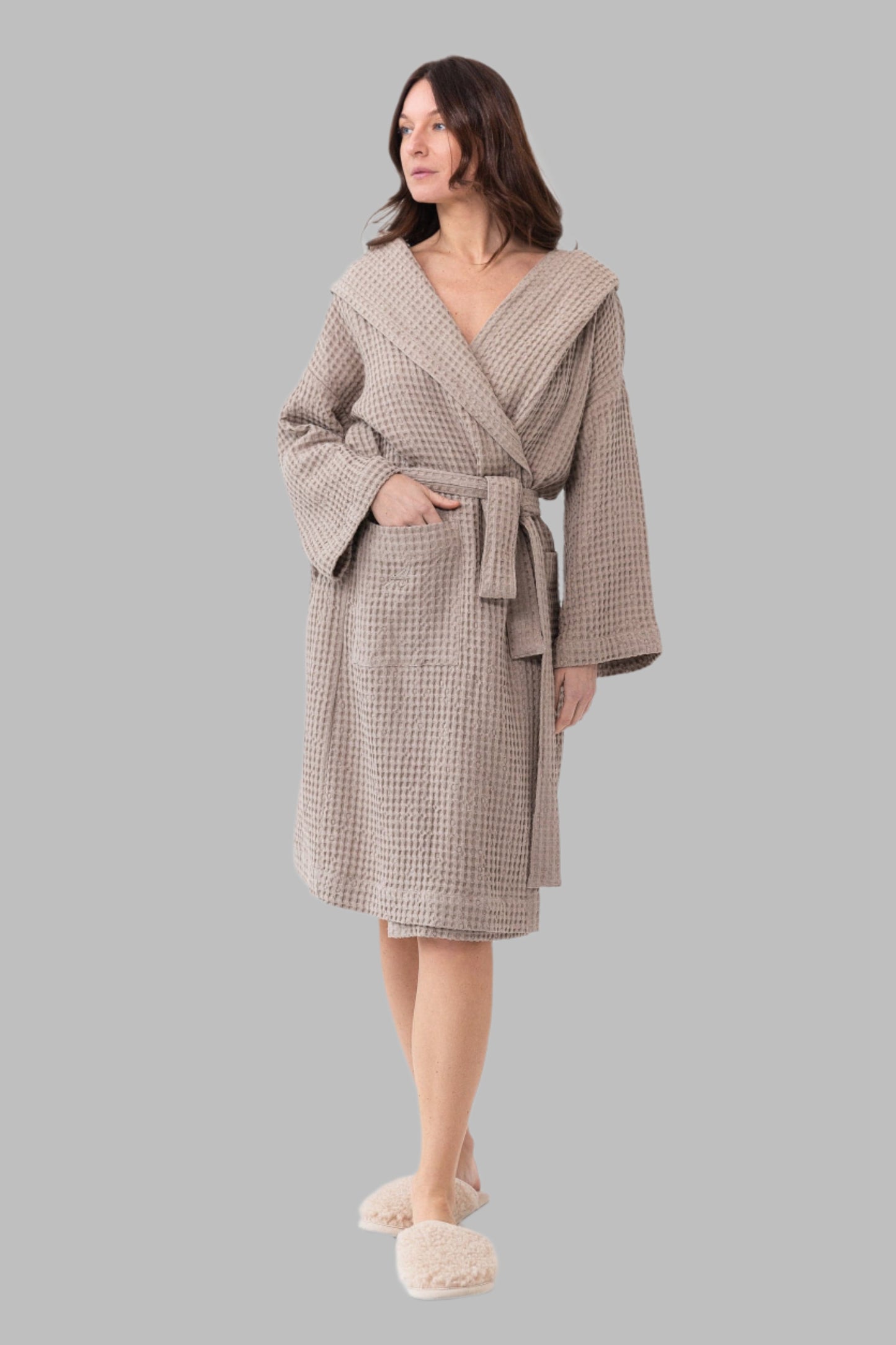 Towels & Robes Natural linen waffle robe with hoodie eco friendly - sustainable products bougie green