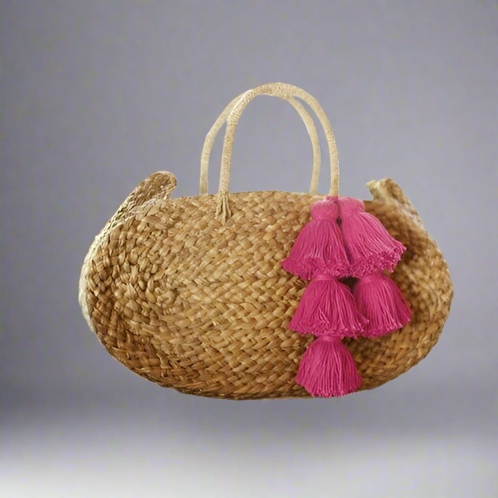 Totes & Beach Bags Oval Luna Straw Tote Bag - with Fuschia Pink Tassels eco friendly - sustainable products bougie green